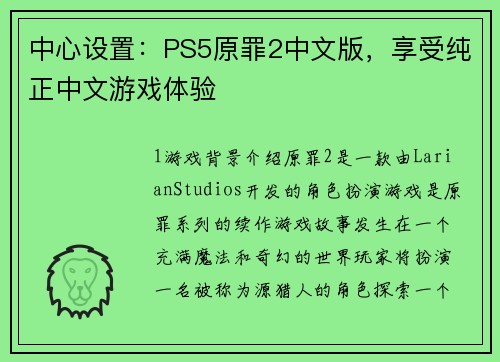 中心设置：PS5原罪2中文版，享受纯正中文游戏体验